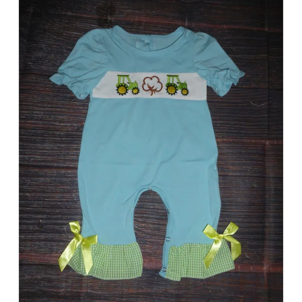 Boutique Baby Girls Farm Tractor Short Sleeve Romper Jumpsuit